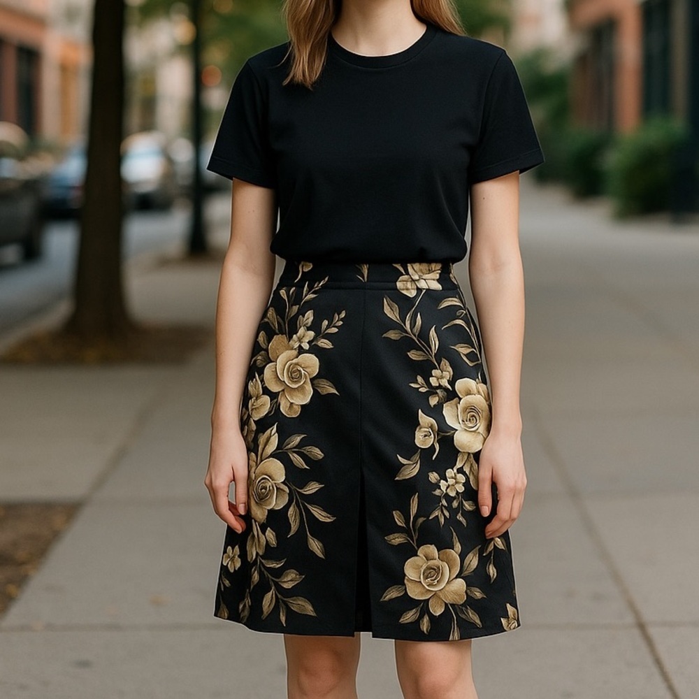 White House Black Market Black and Gold Floral Stretch Pencil Skirt MobWife